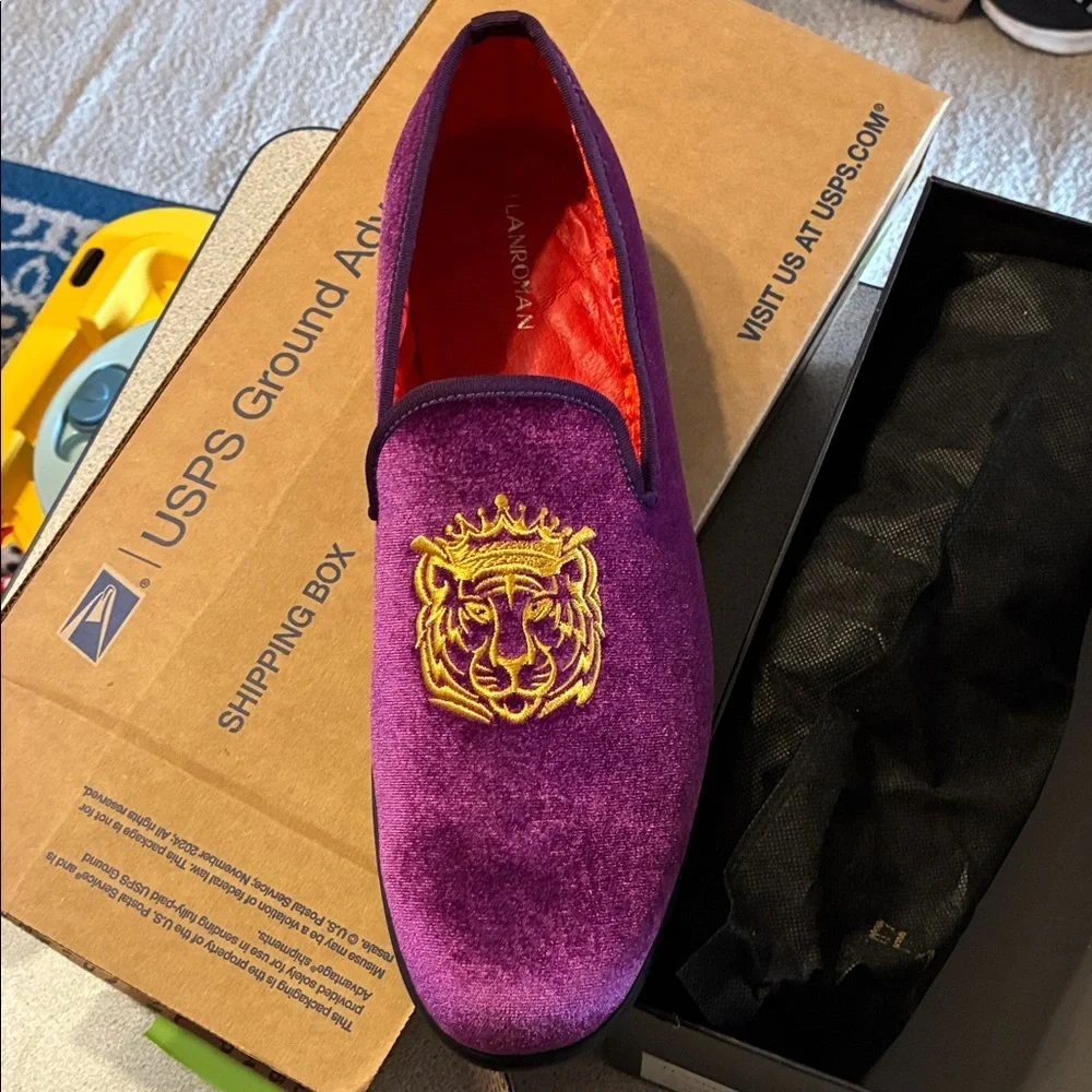 NEW Men's Purple Velvet Embroidered Slip-On Loafers size 15  wedding  prom shoes